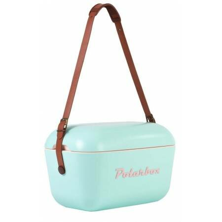 Jasnoniebieska torba termiczna z brązowym paskiem i napisem 'Polarbox'.