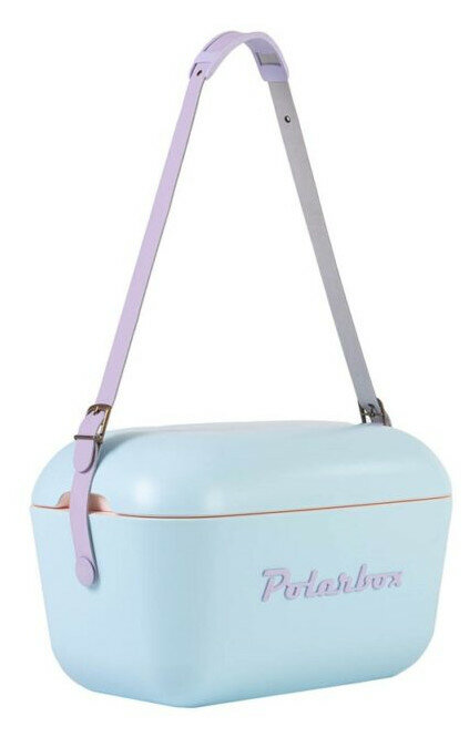 Jasnoniebieska torba chłodząca z fioletowym paskiem i uchwytem. Napis Polabox.