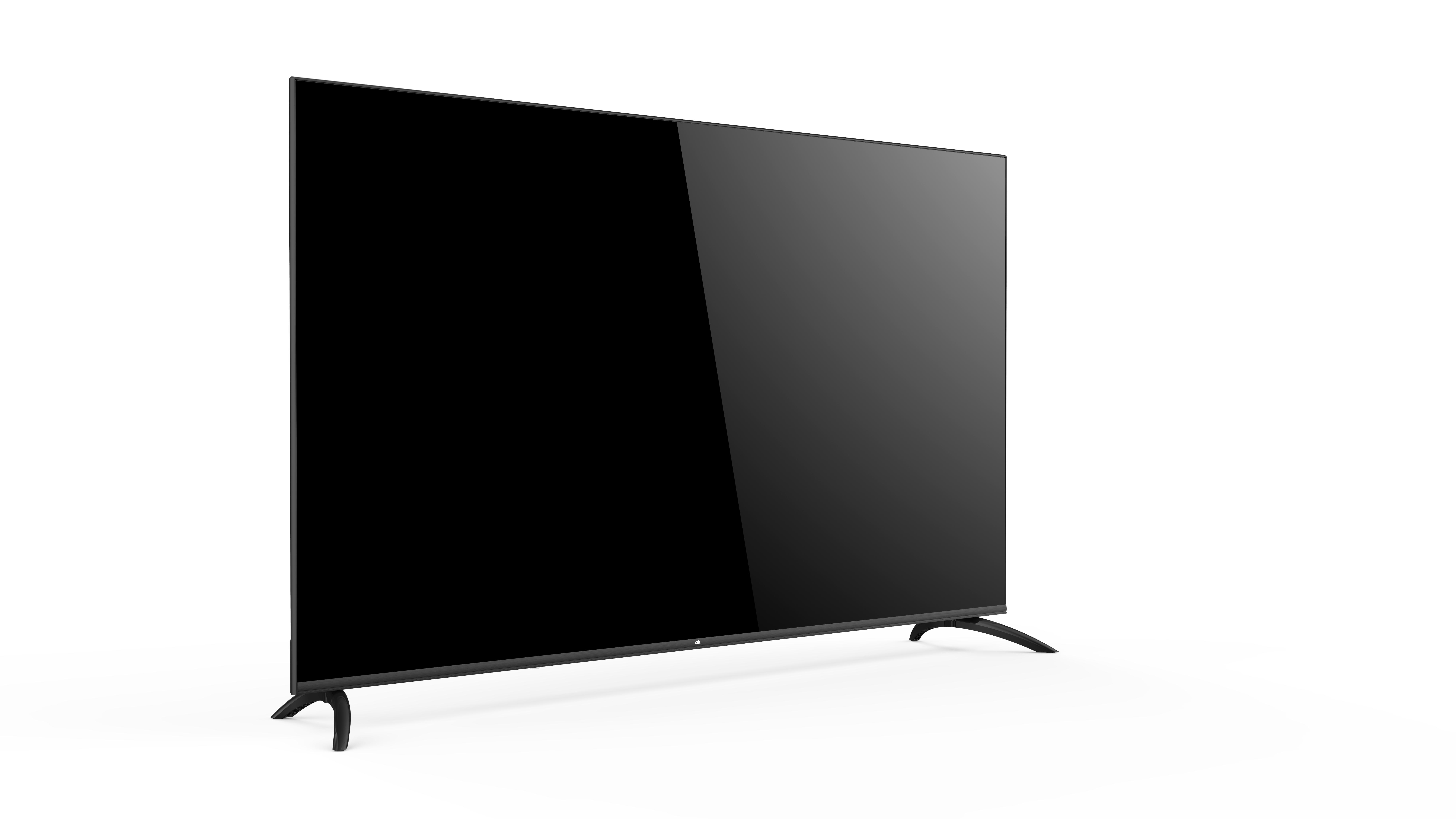 Ein großer, schwarzer Fernseher auf weißem Hintergrund. Der Bildschirm ist ausgeschaltet.