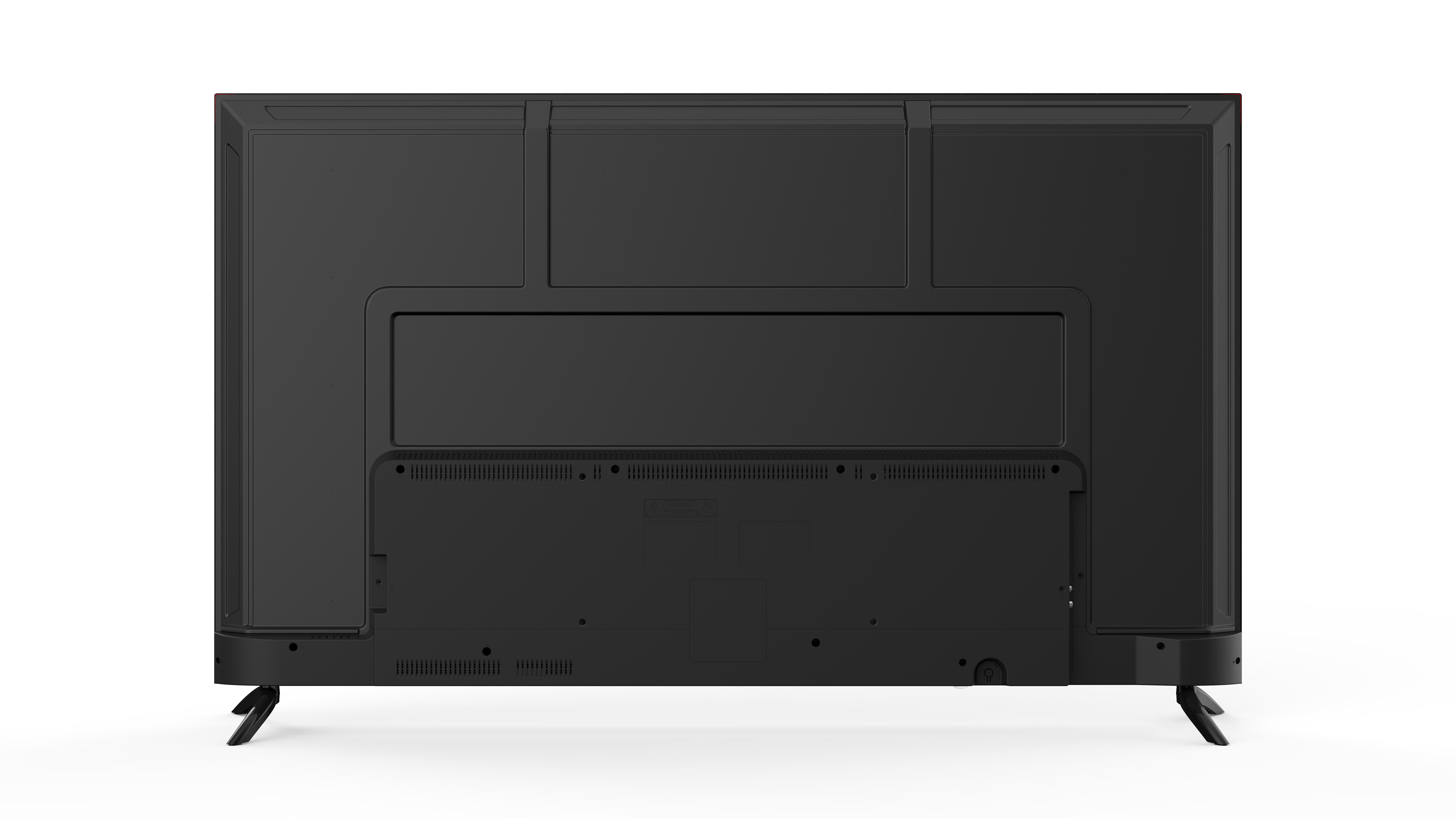 Rückseite eines schwarzen Fernsehers mit Anschlüssen und Halterungen.