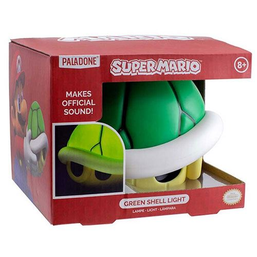 Una luz de caparazón verde de Koopa Troopa de Super Mario en una caja roja, con ventana.