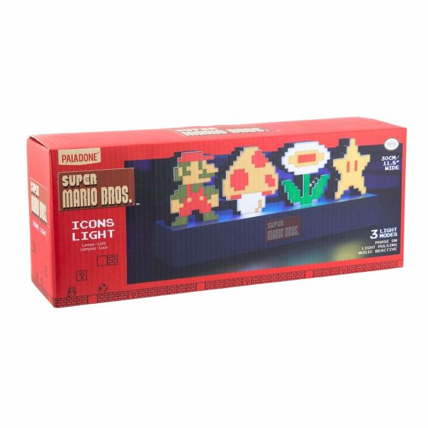 Caja de luz Super Mario Bros. Icons, caja roja y azul con personajes del juego.