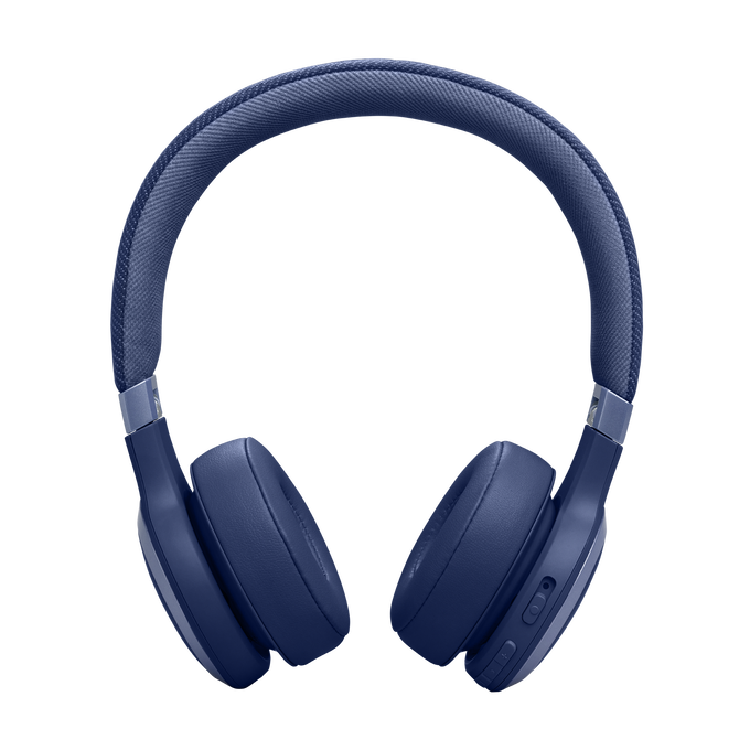 Auriculares azules sobre fondo negro.