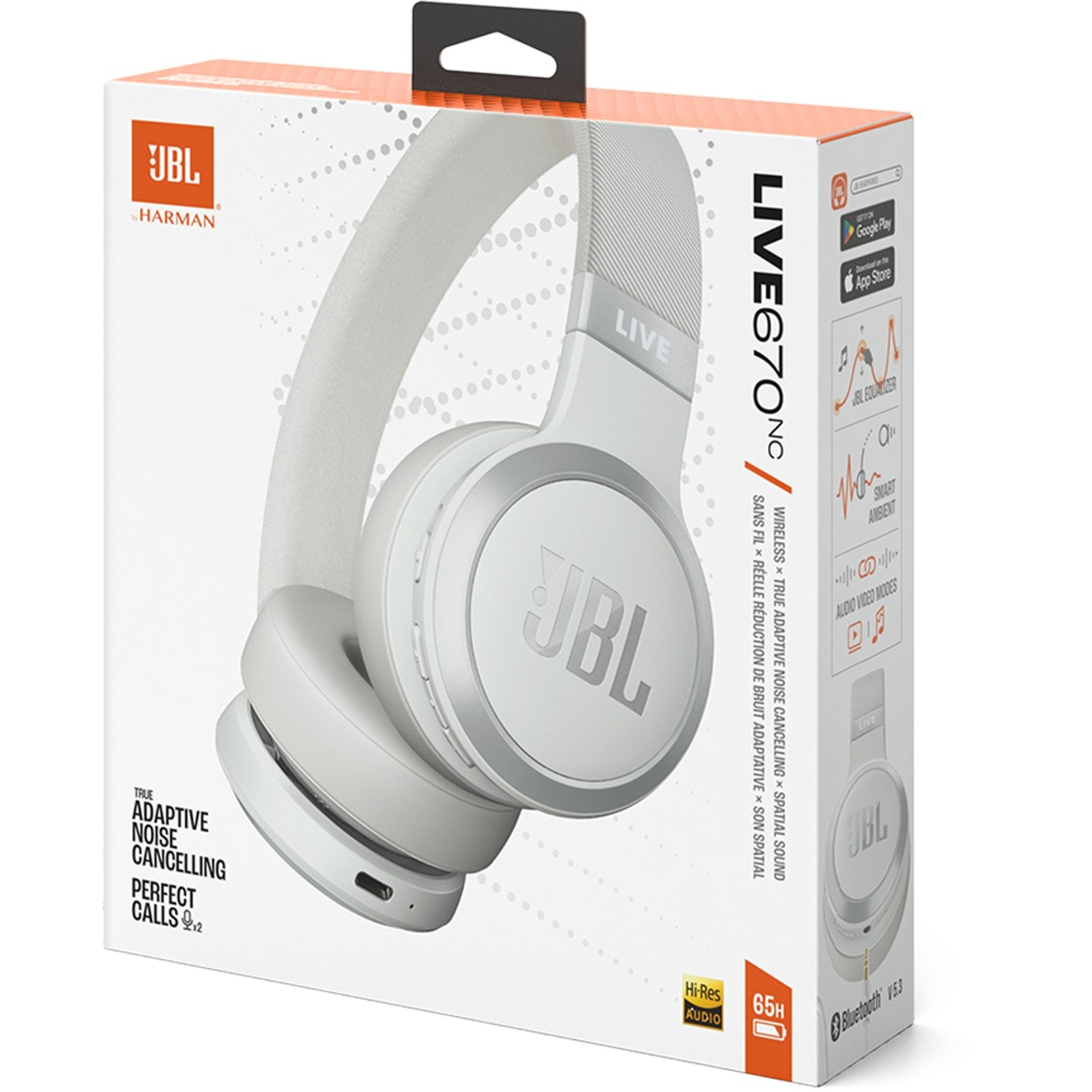 Una caja de auriculares inalámbricos JBL Live 670NC con auriculares, texto e imágenes.