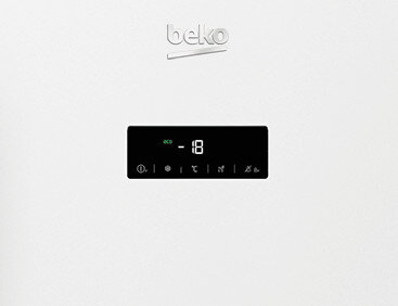 Biała lodówka Beko z podświetlanym wyświetlaczem pokazującym '-18' i ikony.