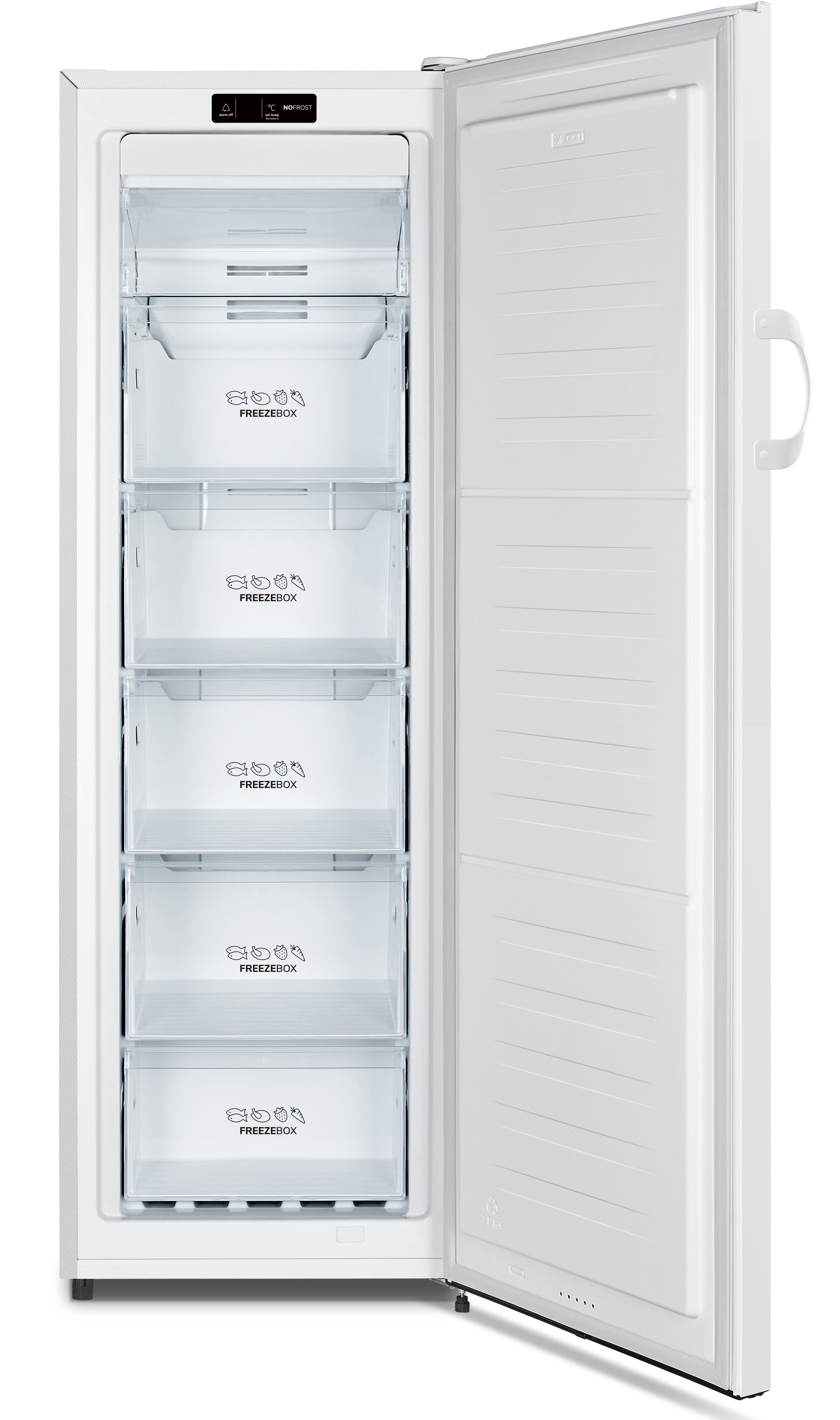 Biała lodówka z otwartymi drzwiami odsłaniającymi półki.