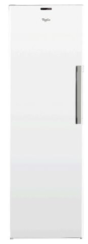 Wysoka, biała zamrażarka Whirlpool ze srebrnym uchwytem. Drzwi zamrażarki są zamknięte.