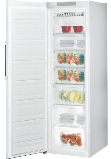 Biała zamrażarka z otwartymi drzwiami, odsłaniająca półki z produktami spożywczymi w środku.