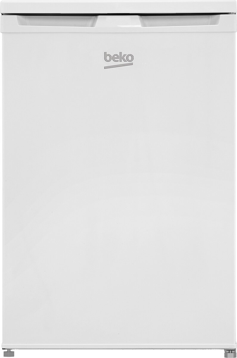 Biała lodówka Beko, zamknięta. Logo Beko jest na środku.