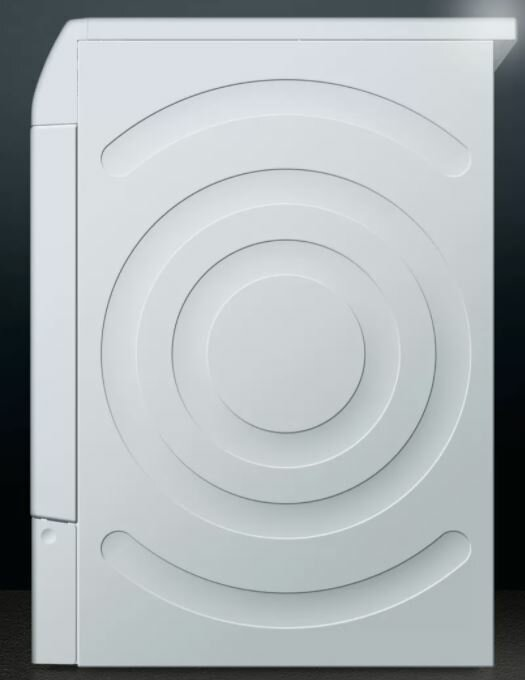 Widok z boku białej pralki z okrągłymi detalami.