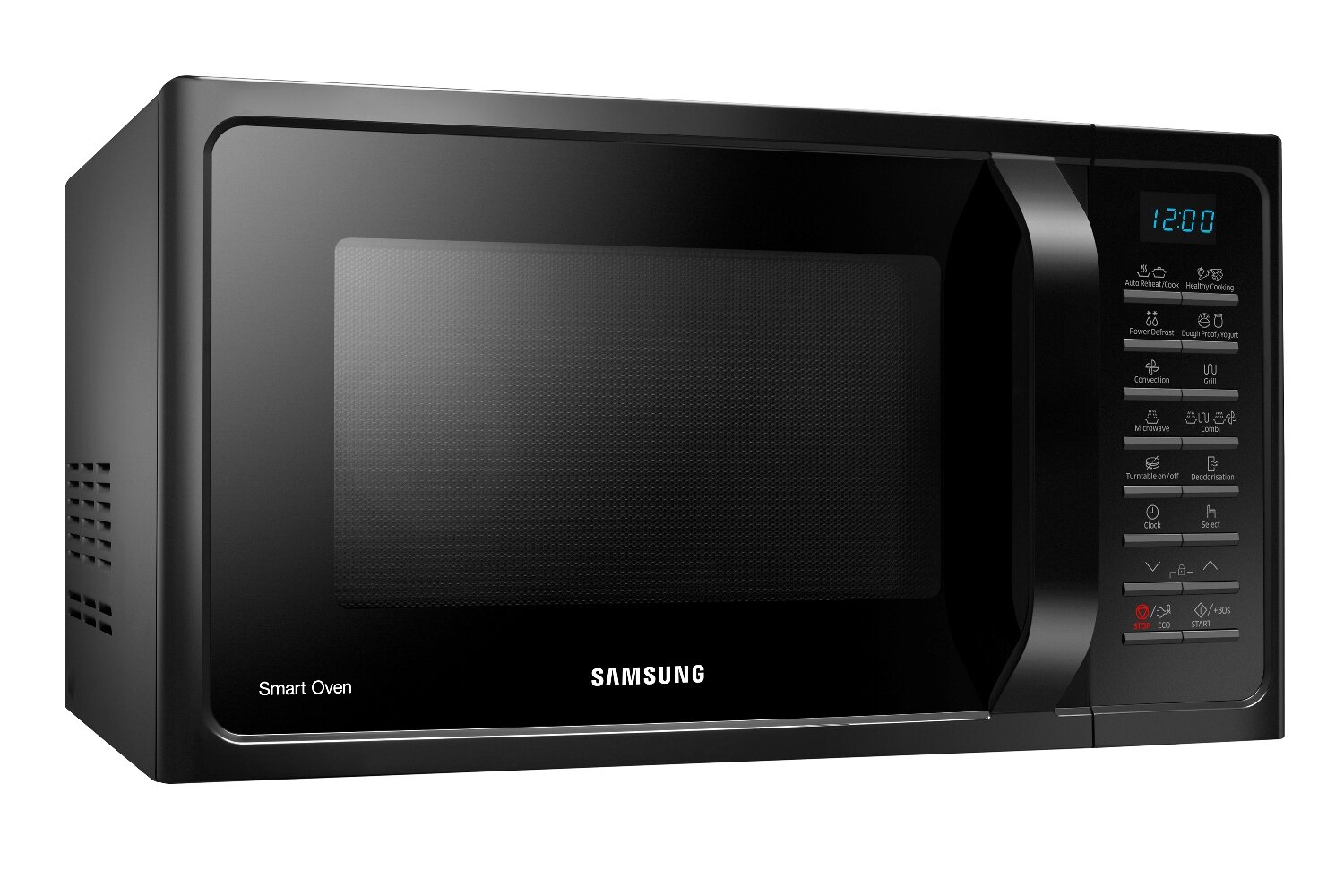 Czarny piekarnik Samsung Smart Oven z panelem sterowania po prawej stronie. Drzwi piekarnika zamknięte.