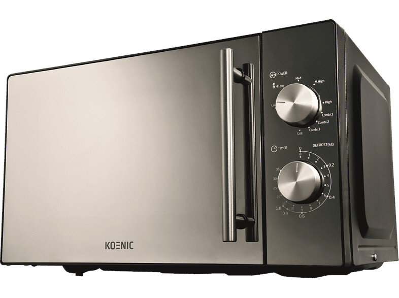 Srebrna kuchenka mikrofalowa z czarnymi bokami. Posiada pokrętła do sterowania mocą, timerem i rozmrażaniem. Marka to Koenic.
