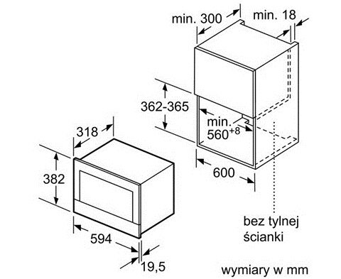 Schemat kuchenki mikrofalowej z wymiarami w mm na białym tle.