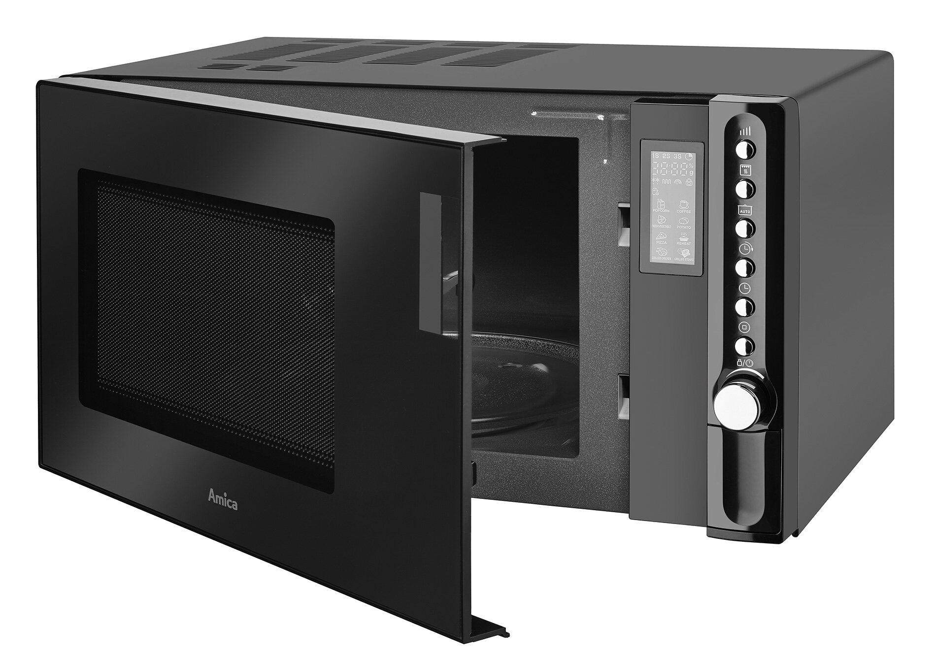 Czarna kuchenka mikrofalowa z otwartymi drzwiami. Panel sterowania po prawej stronie.