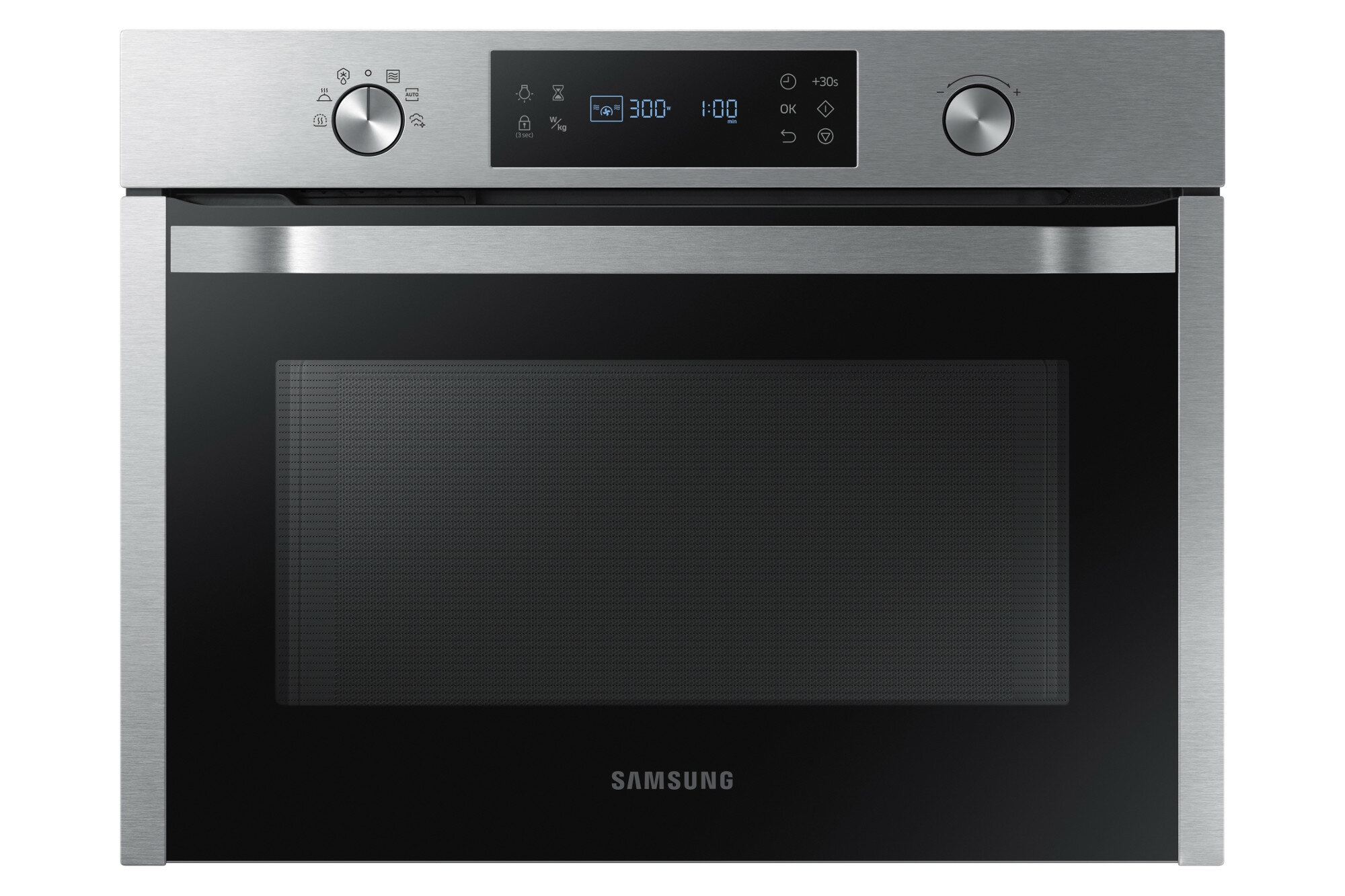 Mikrofalówka ze stali nierdzewnej z czarnymi drzwiami na białym tle.