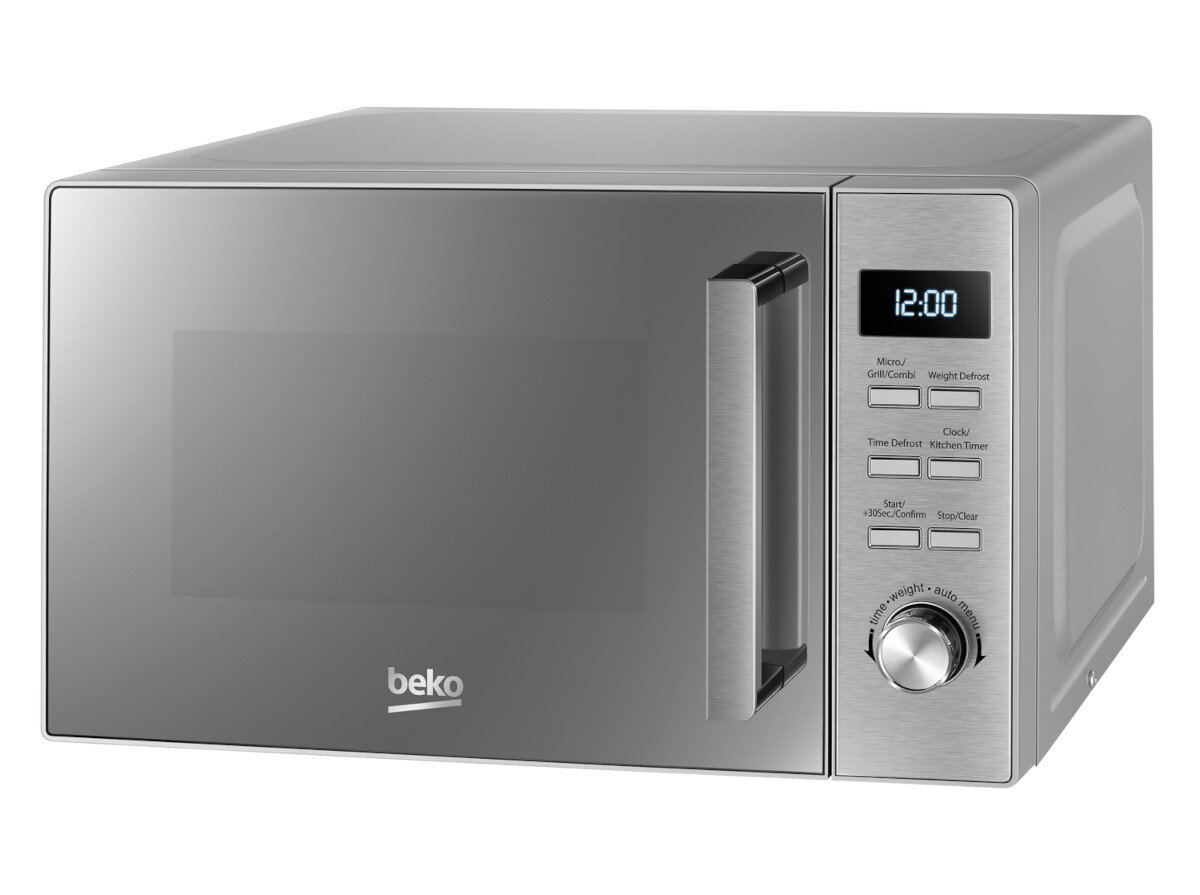 Srebrna kuchenka mikrofalowa Beko pokazuje 12:00 na wyświetlaczu. Posiada drzwi, panel sterowania i pokrętło.