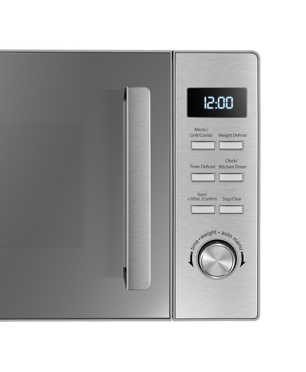 Srebrna kuchenka mikrofalowa wyświetla 12:00 na zegarze cyfrowym. Przyciski i pokrętło po prawej, uchwyt po lewej.