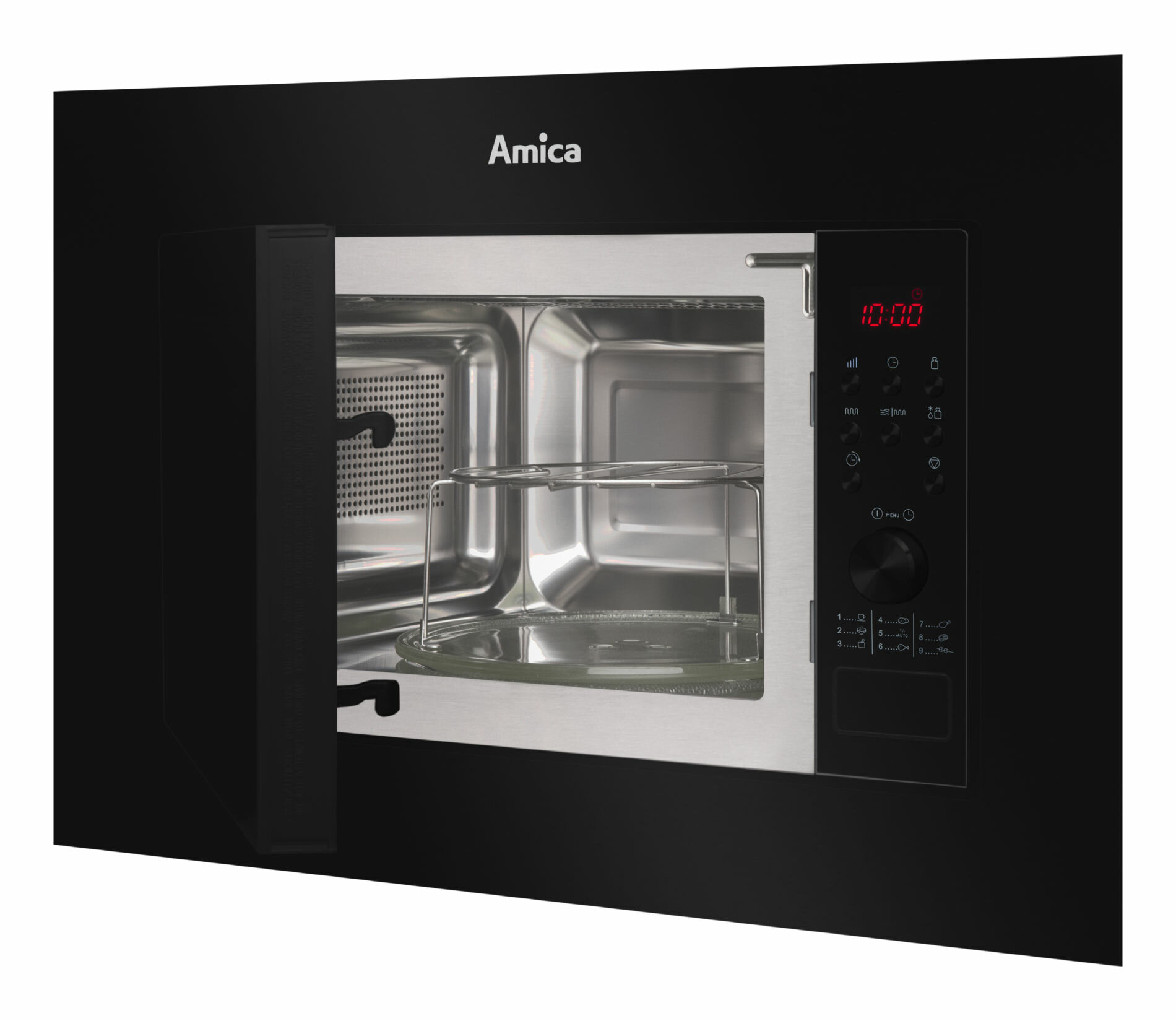 Czarny piekarnik mikrofalowy Amica, otwarte drzwi. Wnętrze ze szklanym talerzem i rusztem.