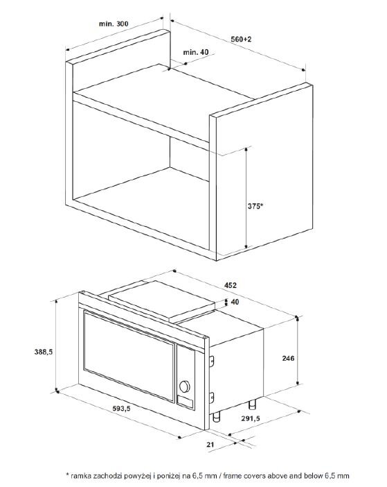 Schemat kuchenki mikrofalowej pokazujący wymiary w milimetrach, na białym tle.