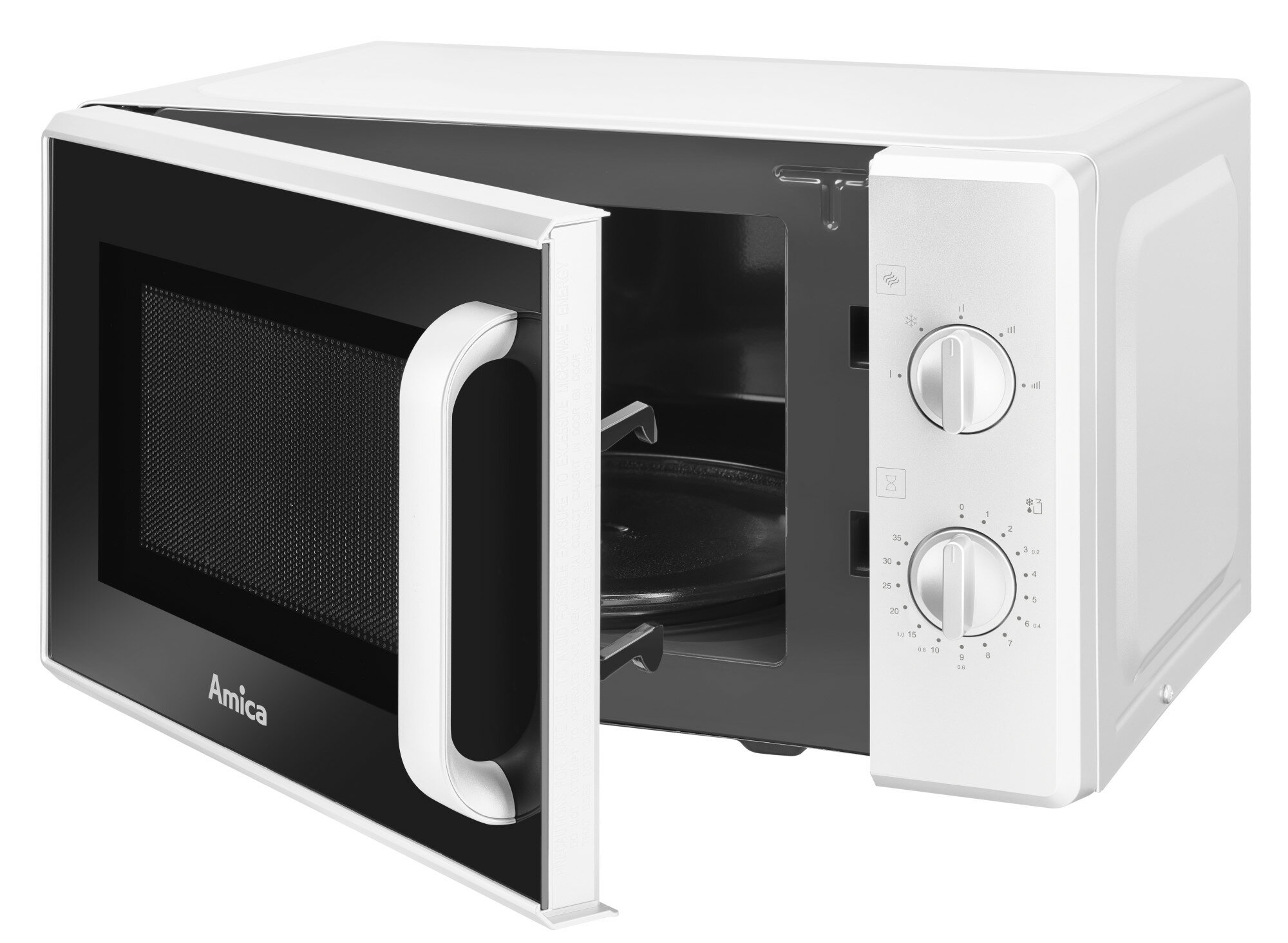 Biała kuchenka mikrofalowa z otwartymi drzwiami, wnętrzem i pokrętłami.