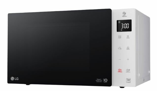 Biała kuchenka mikrofalowa LG z czarnymi drzwiami i wyświetlaczem cyfrowym.