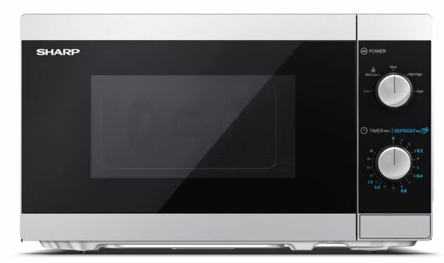 Srebrno-czarna kuchenka mikrofalowa Sharp. Elementy sterujące są po prawej.