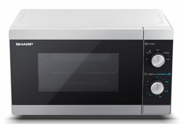 Kuchenka mikrofalowa, biały blat i srebrne wykończenie, czarne drzwi, panel sterowania po prawej.