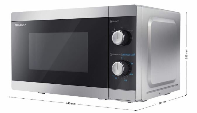 Srebrna kuchenka mikrofalowa, elementy sterujące z przodu, pokazane wymiary.