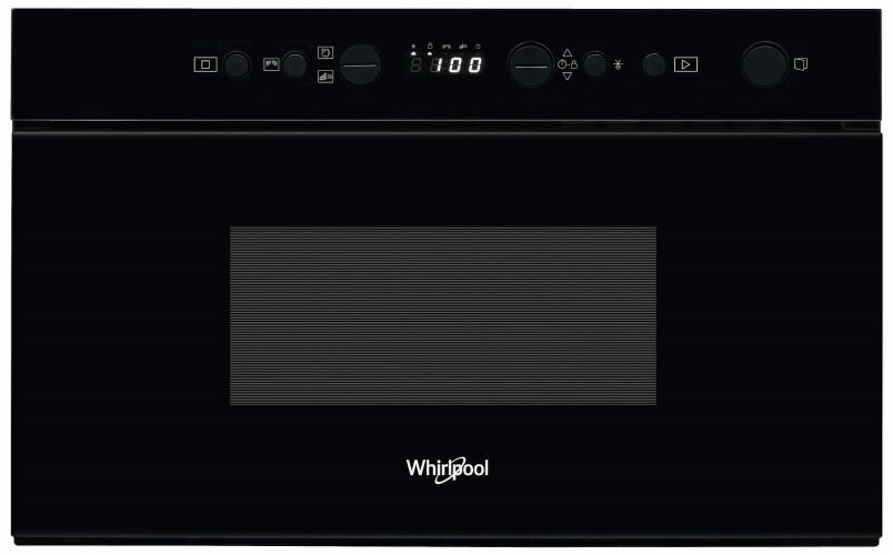 Czarny piekarnik Whirlpool z cyfrowym wyświetlaczem i panelem sterowania. Jest na białym tle.
