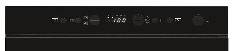 Czarny panel sterowania z przyciskami i wyświetlaczem cyfrowym, prawdopodobnie do zmywarki.