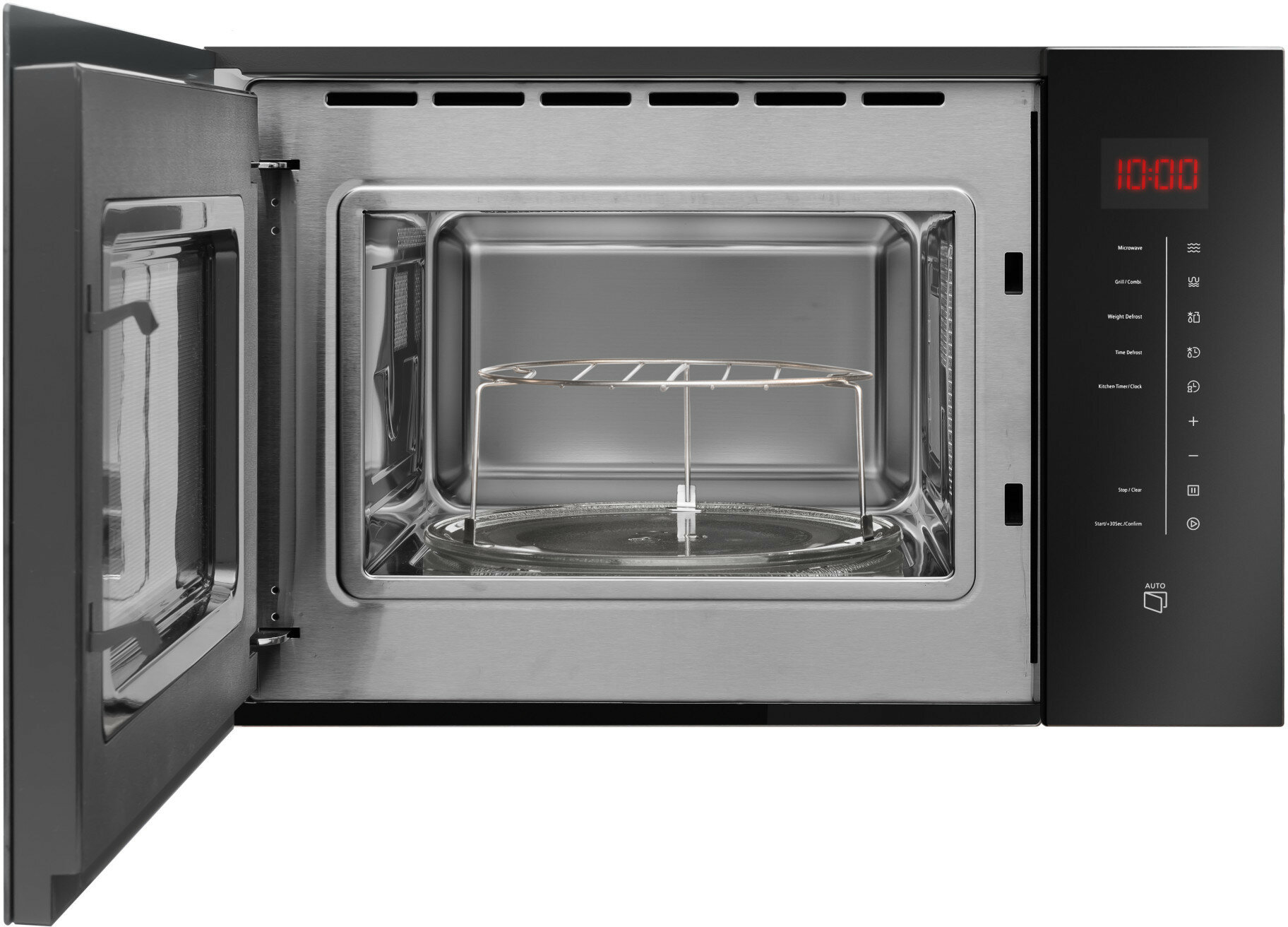 Wnętrze kuchenki mikrofalowej, otwarte, z rusztem w środku. Czarny zewnętrzny, srebrny wewnętrzny. Czerwony wyświetlacz cyfrowy.