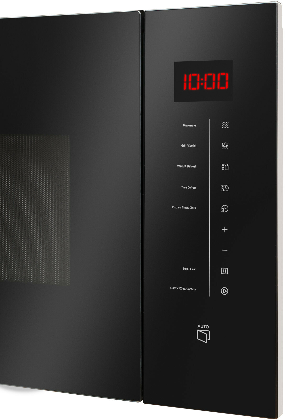 Czarna kuchenka mikrofalowa z czerwonym wyświetlaczem pokazującym 10:00 i różnymi przyciskami sterowania.