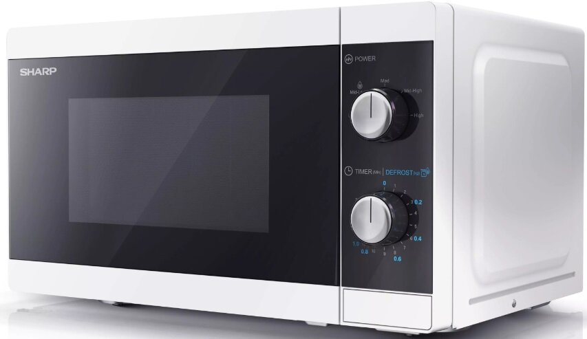 Biała kuchenka mikrofalowa Sharp z czarnymi drzwiami i panelem sterowania po prawej stronie.