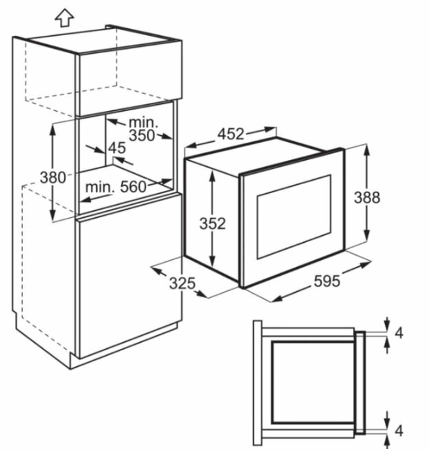 Schemat piekarnika pokazujący wymiary. Zawiera wymiary zabudowy i wymiary wnęki.