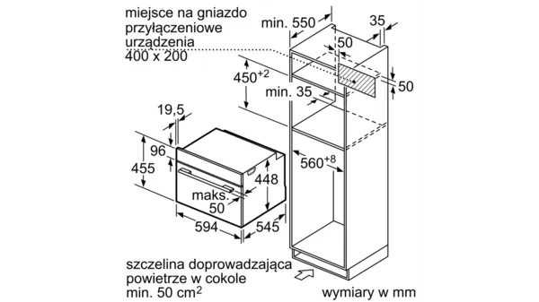 Schemat urządzenia kuchennego, pokazujący wymiary i szczegóły konstrukcyjne.