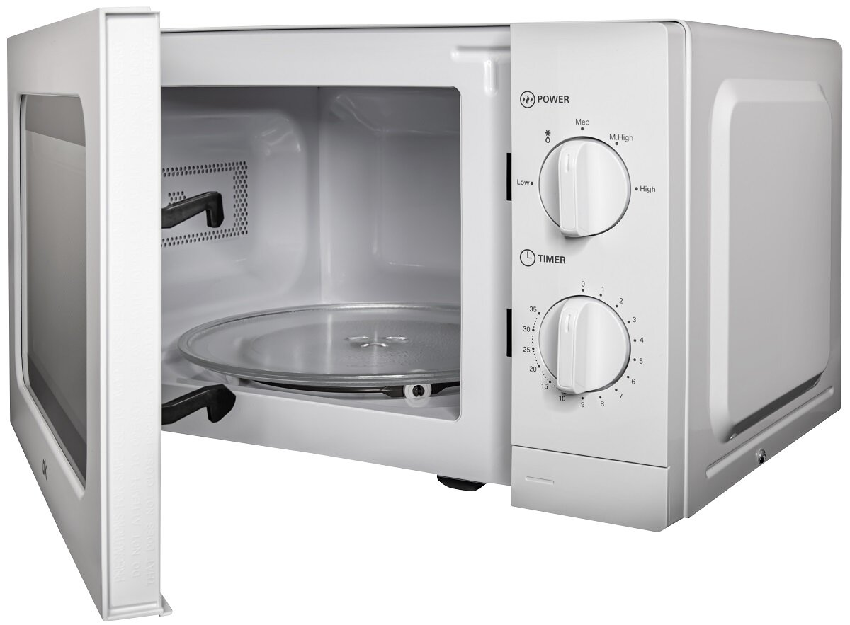 Biała kuchenka mikrofalowa z otwartymi drzwiami, panel sterowania po prawej, szklany talerz w środku.