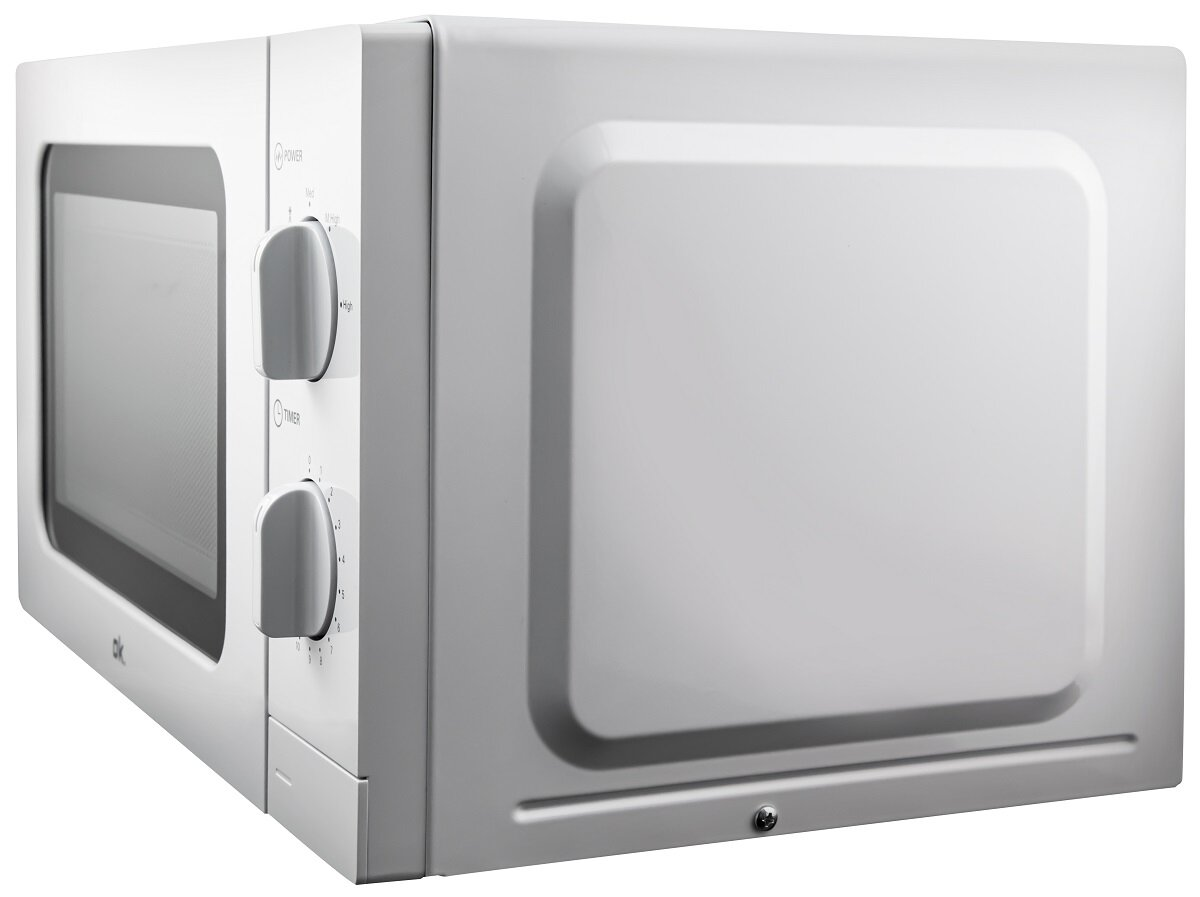 Biała kuchenka mikrofalowa z pokrętłami i drzwiami. Widok z boku, pokrętła po lewej.