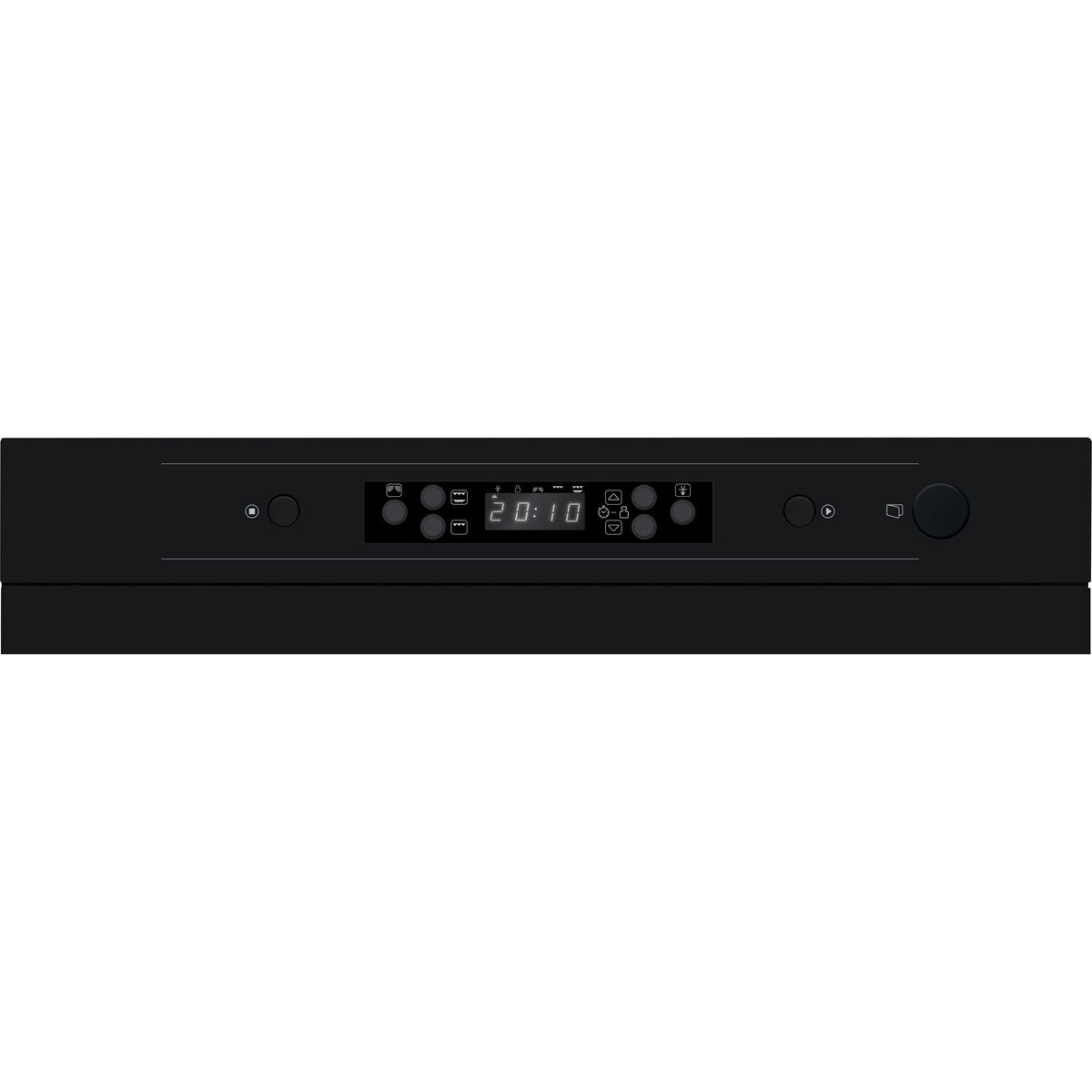 Czarny panel sterowania kuchenki mikrofalowej z wyświetlaczem cyfrowym i różnymi przyciskami.