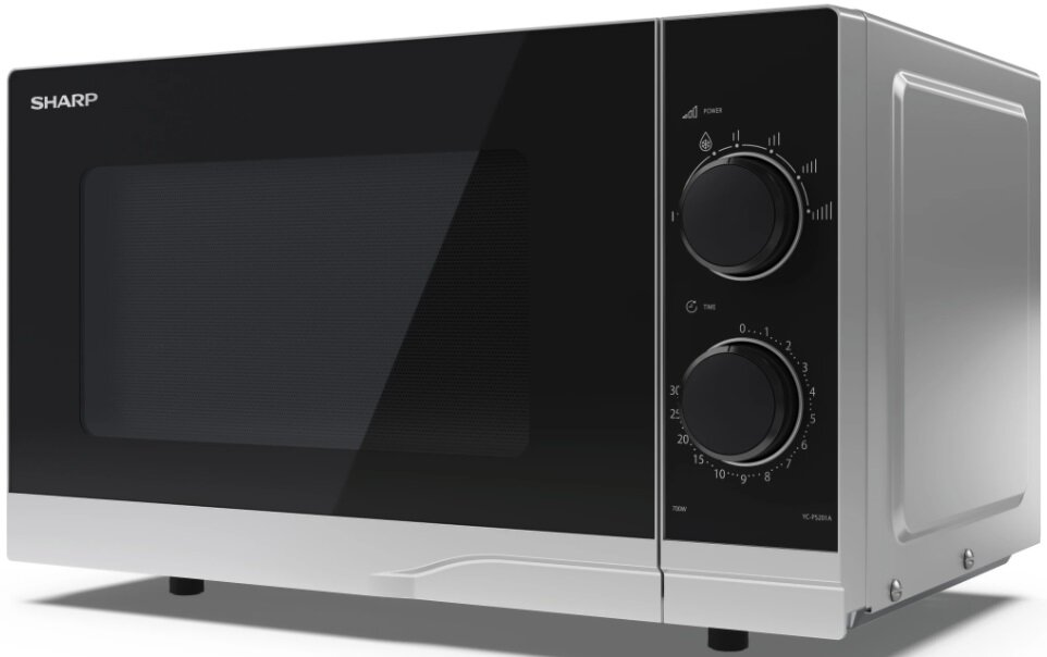 Srebrna i czarna kuchenka mikrofalowa SHARP z pokrętłami i czarnymi drzwiami.