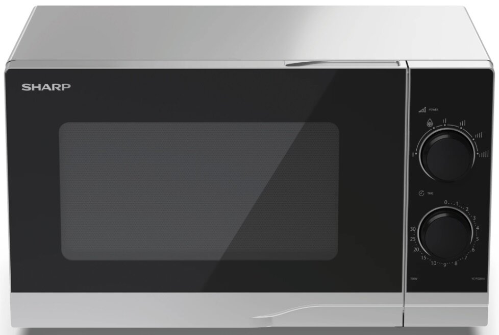 Kuchenka mikrofalowa Sharp, srebrno-czarna, z pokrętłami.