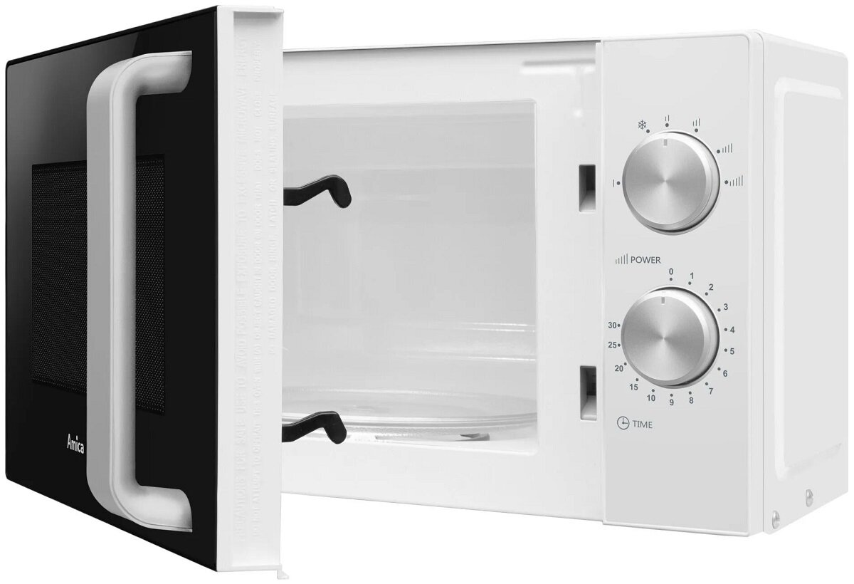 Biała kuchenka mikrofalowa Amica z otwartymi drzwiami, odsłaniająca wnętrze i elementy sterujące.