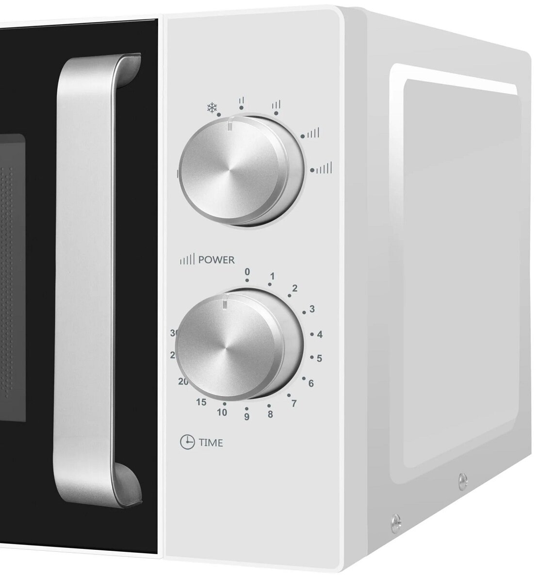 Zbliżenie białego panelu sterowania kuchenki mikrofalowej z pokrętłami i uchwytem. Tło jest białe.