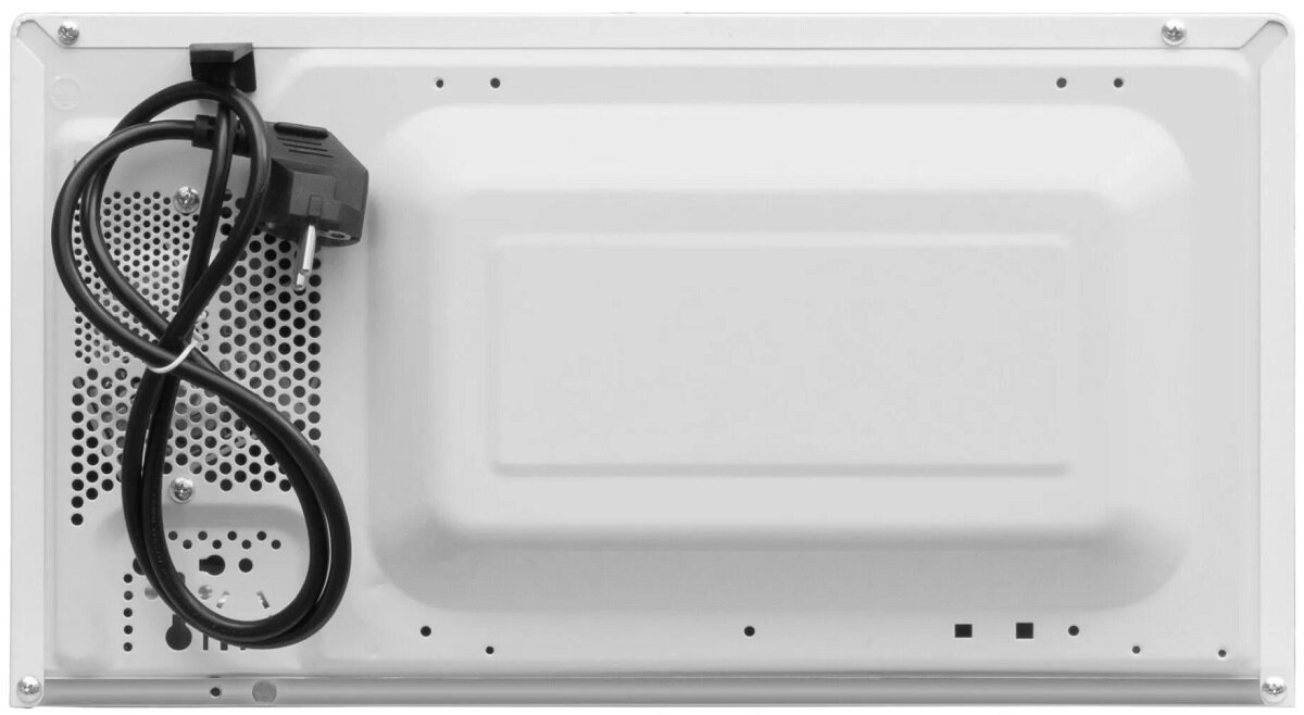 Widok z boku białej kuchenki mikrofalowej z czarnymi drzwiami i wyświetlaczem.