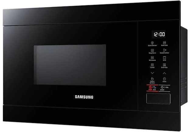 Czarna kuchenka mikrofalowa z zegarem cyfrowym i panelem sterowania po prawej stronie.