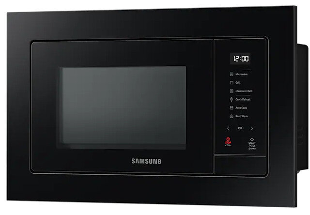 Czarna, wbudowana kuchenka mikrofalowa Samsung z zegarem cyfrowym i panelem sterowania.