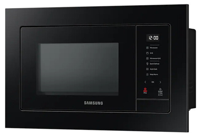 Czarny piekarnik mikrofalowy z wyświetlaczem cyfrowym i przyciskami.