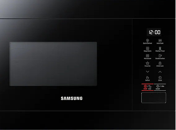 Czarna kuchenka mikrofalowa Samsung, pokazująca panel przedni z elementami sterującymi i wyświetlaczem.