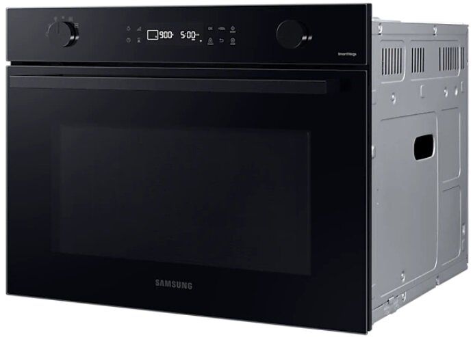 Czarny piekarnik z dwoma pokrętłami i wyświetlaczem cyfrowym. Logo Samsung widoczne na przednim panelu.