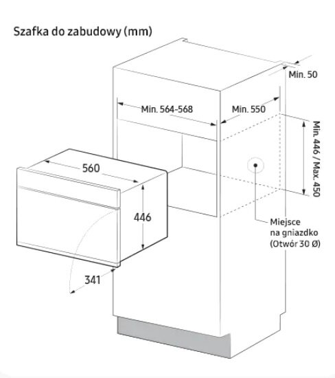 Ilustracja z wymiarami urządzenia do zabudowy.