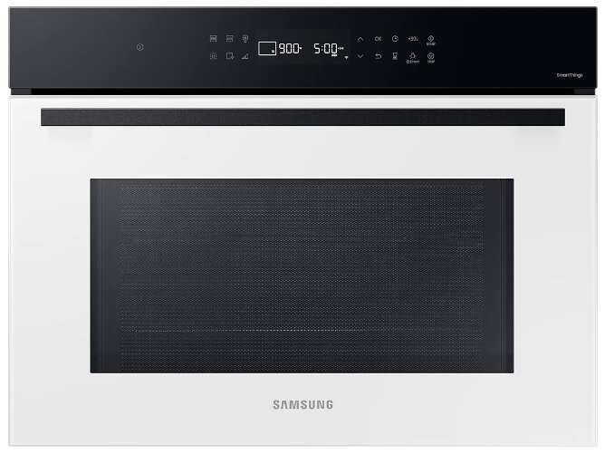 Biały piekarnik Samsung z czarnym panelem przednim, wyświetlaczem cyfrowym i przyciskami sterowania.